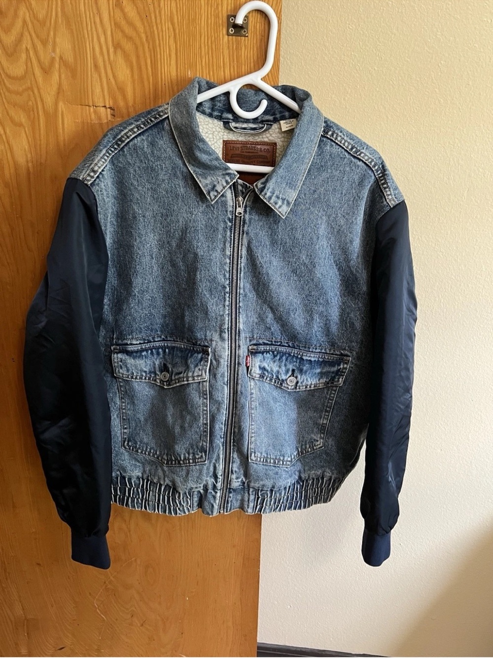 Levi's Premium Mixed Media Hybrid Denim Bomber Jacket Sherpa Hoodless XL Blue